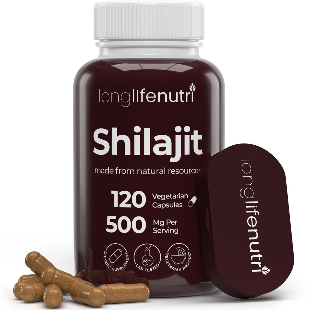 Shilajit Pure Himalayan Extract 500mg com ácido fulvico de 15% 500mg - 120 Cápsulas vegetarianas, fornecimento de 4 meses, suplemento orgânico para Vitalidade e clareza mental, feito nos EUA, sem glúten, sem OGM