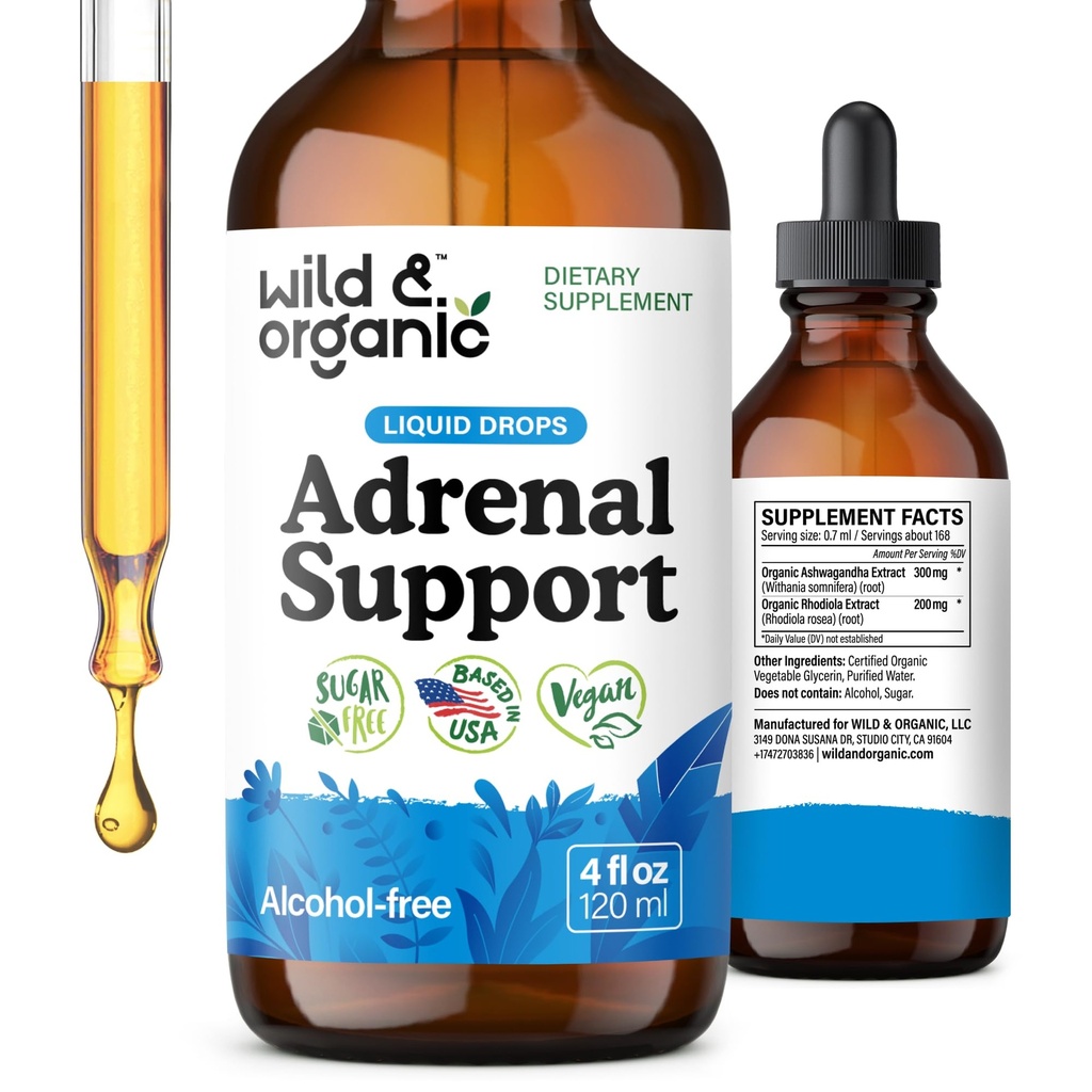 Wild & Organic Adrenal Support Drops for Positive Outlook - Suplementos de Suporte Adrenal Natural para Mulheres e Homens - Vegan, Sem Açúcar e Álcool - 2-Month Supply - 4 fl oz