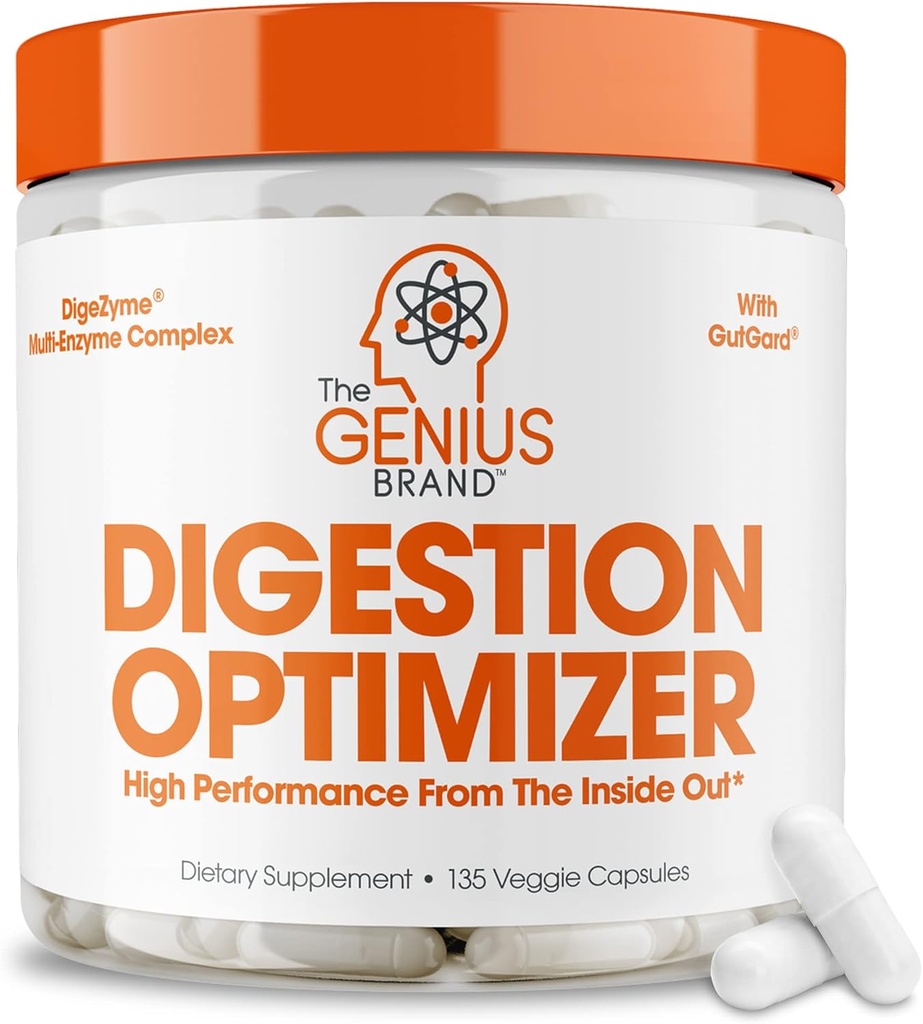 O Genius Brand Genius Digestion Optimizer - Suplemento Digestivo para Gut Health & Imune Support - Nenhuma mistura proprietária - Vegan, Non-GMO & Gluten-Free - 135 Cápsulas Veggie