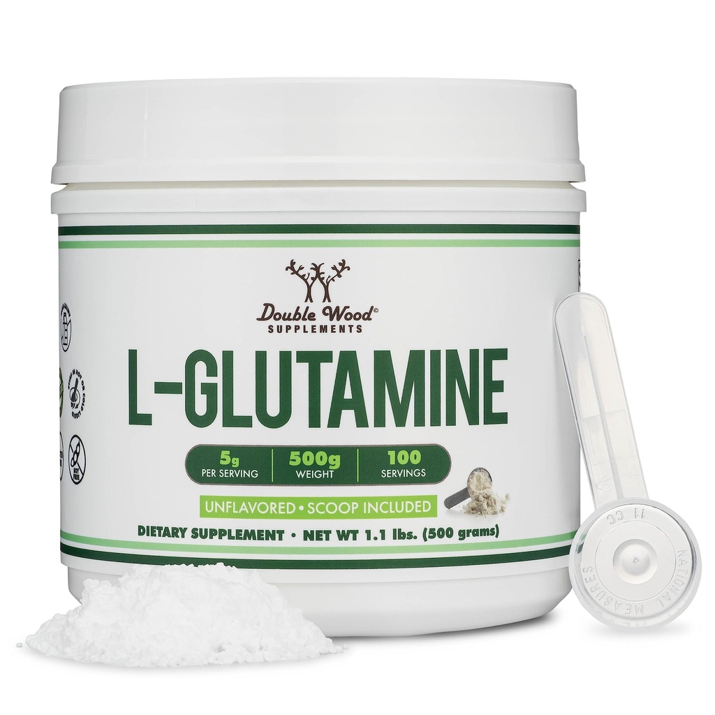 L Glutamina em pó 1,1lbs (100 Servings of 5 Grams Cada - terceiro partido testado L-Glutamina em pó) sem sabor, Keto, Vegan Friendly (com Scoop) para o exercício Endurance e Gut Saúde por madeira dupla