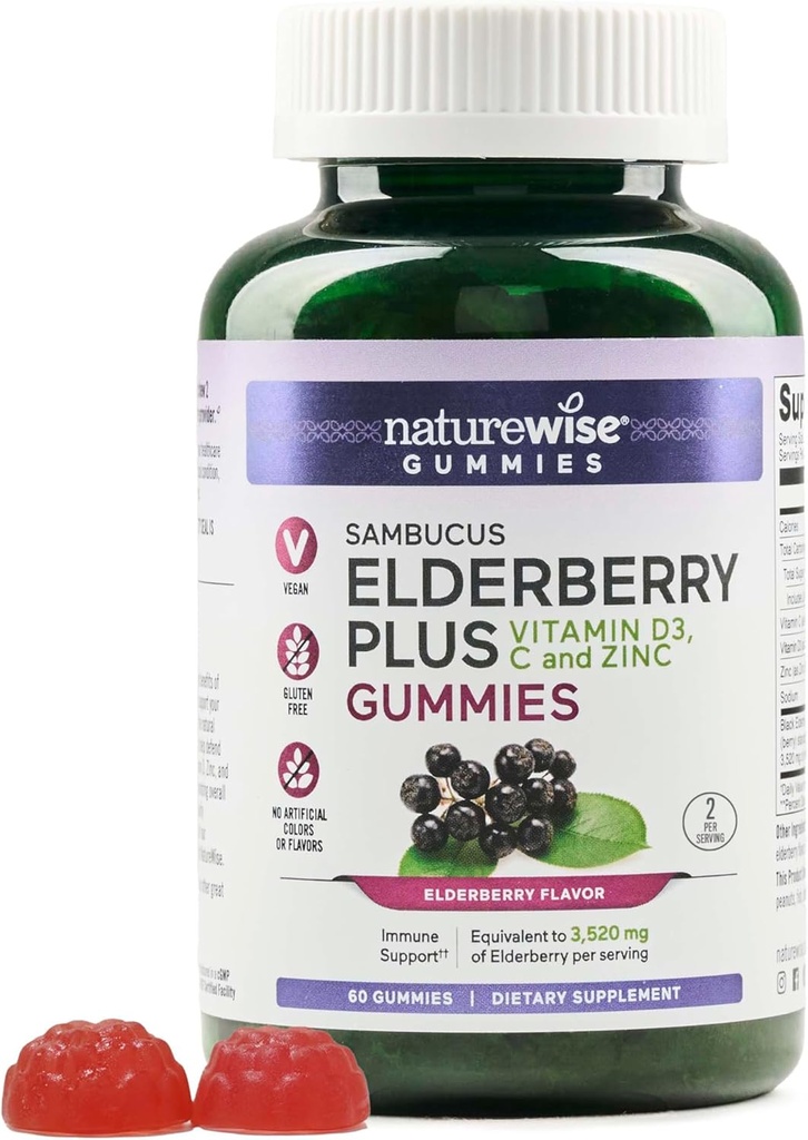 NatureWise Sambucus Elderberry Gummies - Immune Support Supplement for Kids Ages 4+ & Adults with Vitamina C, D3, Zinc - Equivalente a 3520mg - Vegan, Non-GMO - 60 Count[30-Day Supply]