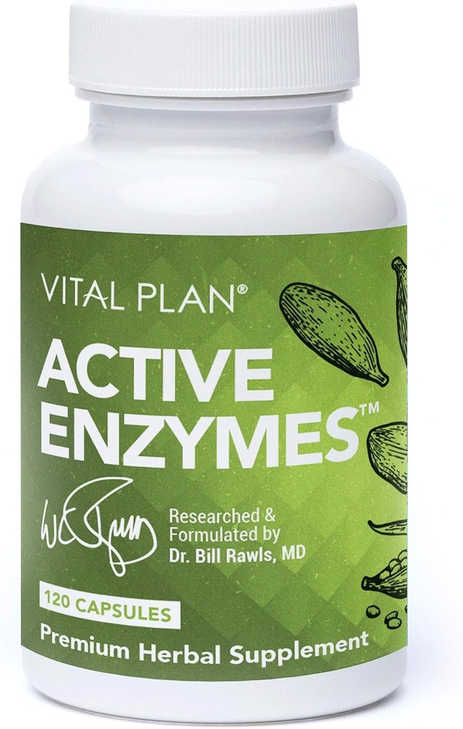 Plano vital Enzimas Ativas Suplemento por Dr. Bill Rawls - Enzimas Digestivas para Gut Health & Digestion - Protease, Bromelain, Lactase, Amylase & Lipase (120 Cápsulas)