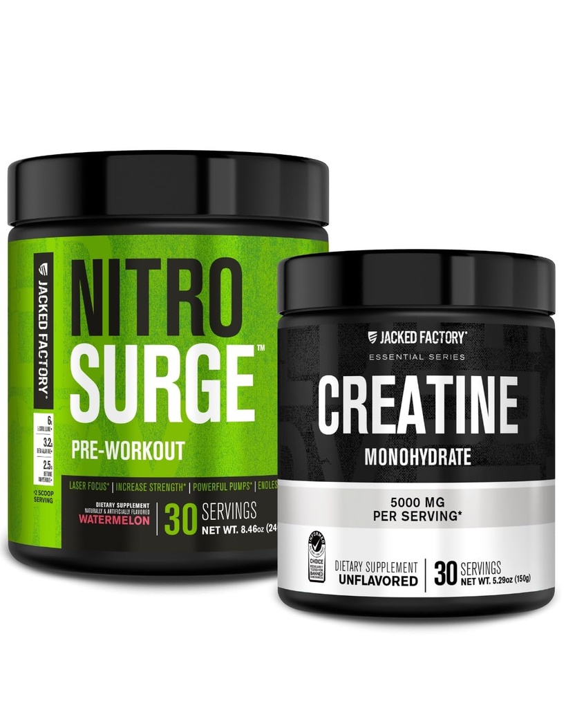 Fábrica Jacked NITROSURGE Pré-Trabalho Suplemento - Bombas Intensas (30 Servões, Melancia) & Creatina Mono-hidrato Pó para o crescimento muscular (30 Servões, sem sabor)
