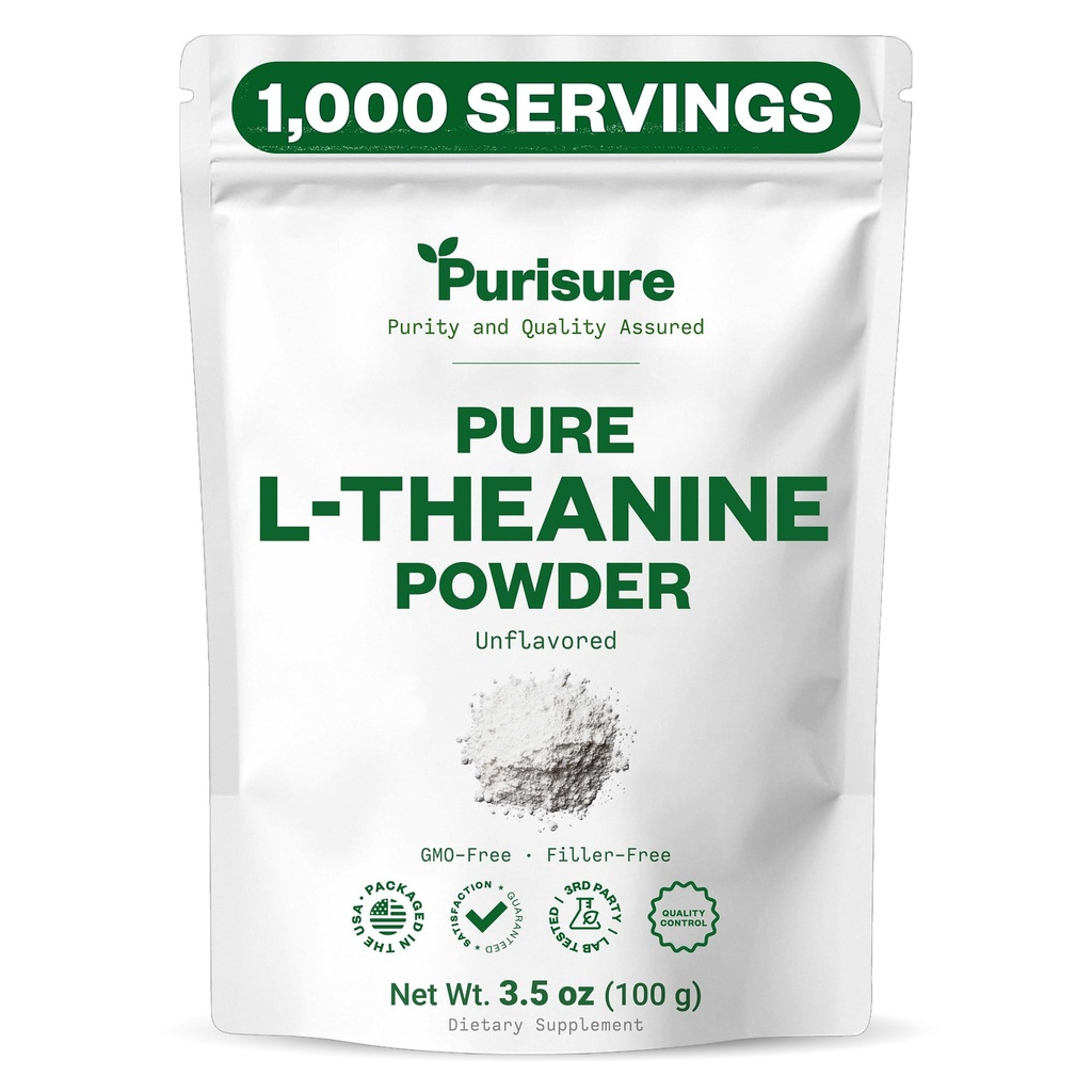 Pursure L-Theanina pó, 100 g, Puro L Theanina pó que promove relaxamento e foco, Suplemento para função cognitiva, Sem enchimentos, Não-GMO, 1000 Servings