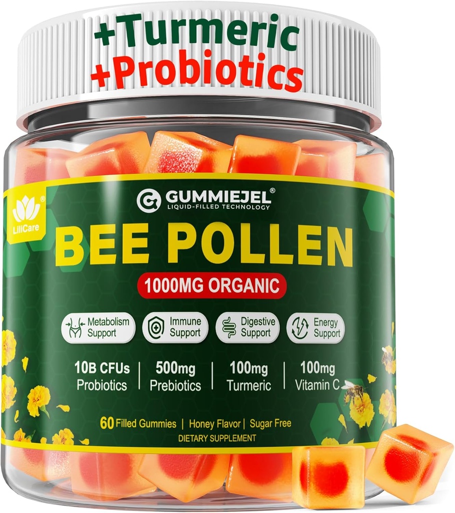 Saúde Digestiva & Peso Pole de abelha Orgânico 1000mg, w / Probióticos, Prebióticos & Açafrão, Pole de abelha Gummies ricos em B-Vitamin, Antioxidantes, Aminoácidos, para Digestivo, Peso & Energia