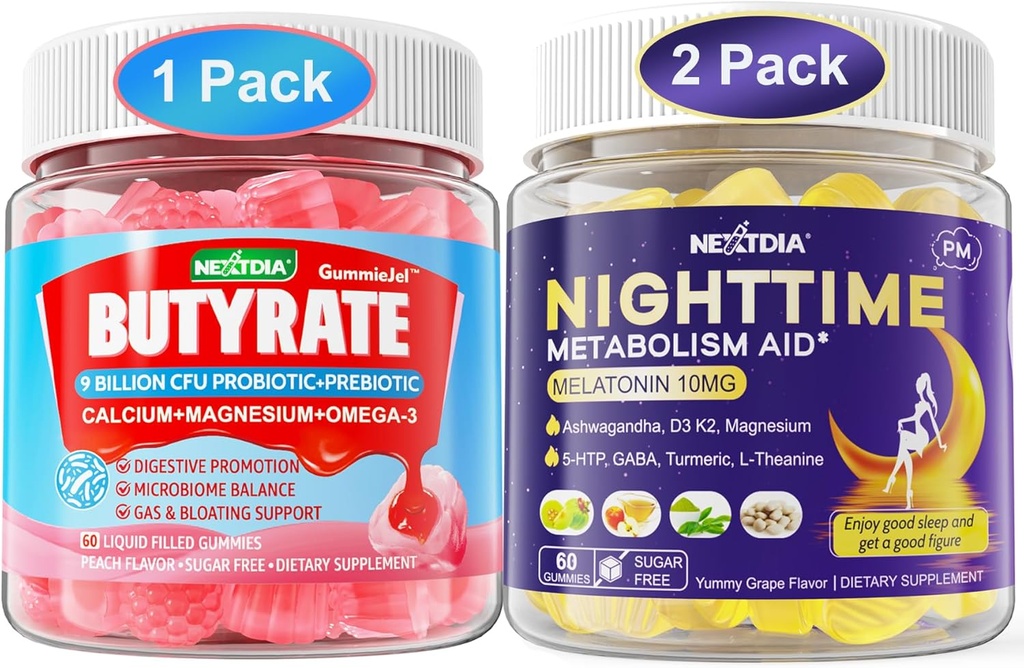 Pacote: Gummies Butirate com Probiótico + Prebiótico + Postbiótico & Melatonina 10mg 20mg Tempo noturno Metabolismo Dormir Gummies