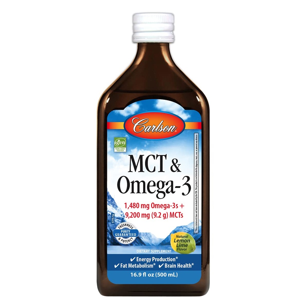 Carlson - MCT & Omega-3, 1480 mg Omega-3s, 9200 mg MCTs, Keto-Friendly, Caprylic & Ácidos Capric, Produção de Energia, Metabolismo de Gordura, Limão-Lime, 500 ml (16.9 Fl Oz)