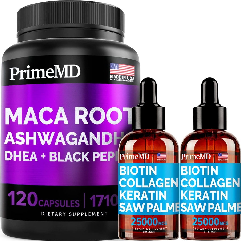 4-em-1 líquido biotina colagénio queratina serra Palmatto gotas (2 fl oz - 2 Pack) e 6 em-1 Maca raiz Ashwagandha w Black Pepper Fruit (120ct) pacote - cabelo, pele, unhas, energia e Mood suporte Suplemento