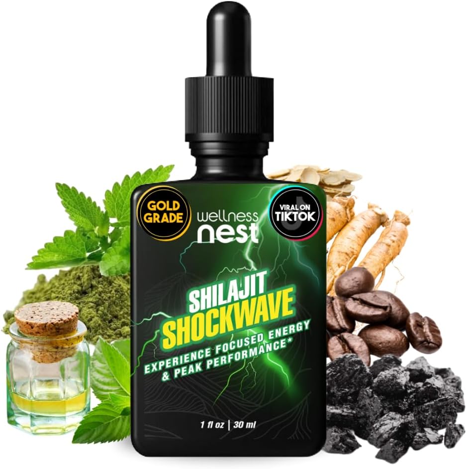 Bem-estar Nest Shilajit Shockwave Drops: gotas de energia, foco Drops - puro Himalayan Shilajit com Natural Tulsi, Panax Ginseng, hortelã-pimenta, Japanmint Supercarregar seu dia - 30 Servings