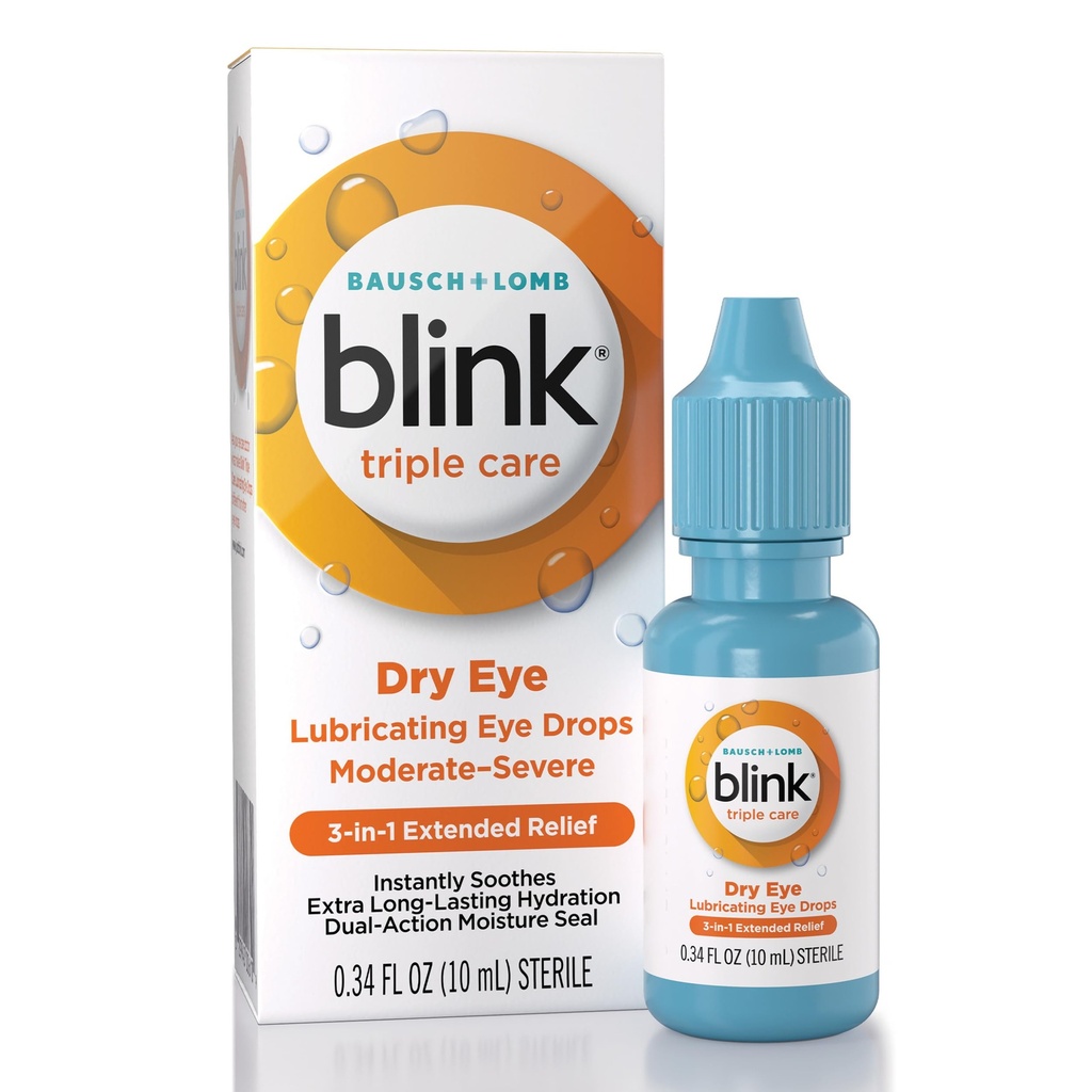 BLINK Triple Care Eye Drops para Olhos Secos, Gotas Lubrificantes para Olhos Secos Moderados a Graves, com Hyaluronato, Reduz o Desconforto, Hidratação Longa-Lasting, 0,34 Fl Oz