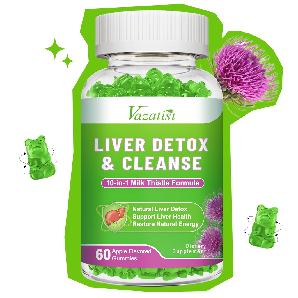 Gomas de cardo de leite para crianças adultos. Liver Cleanse Detox Repair Gummies, Milk Thistle Extract Supplement for Liver Support Digestive Antioxidant, 60ct Apple Flavor
