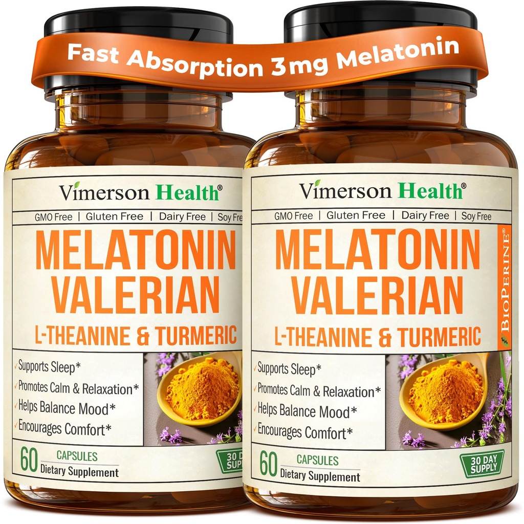 Ajuda ao sono de melatonina com L Theanina & Raiz Valeriana – Suplemento Turmérica – Curcumina Turmérica com Ginger & Pimenta Negra – L-Theanina & Melatonina 3mg para sono, calma e alívio de estresse – 2 Pack