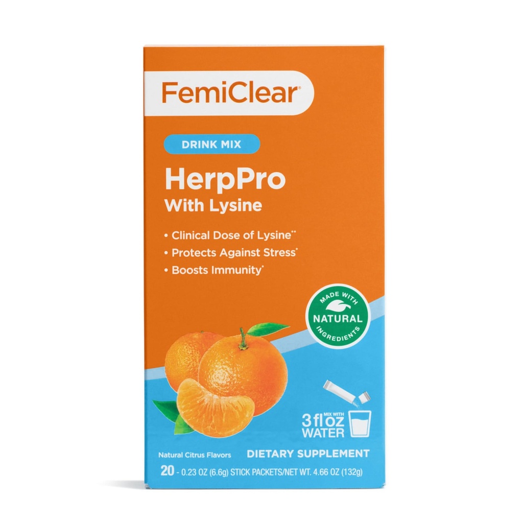 FemiClear HerpPro Drink Mix, com L-Lysine 3000mg, Zinco, Vitaminas A & C, Ashwagandha, Imunidade & Stress Suplemento para Mulheres & Homens, 20 Stick Packets