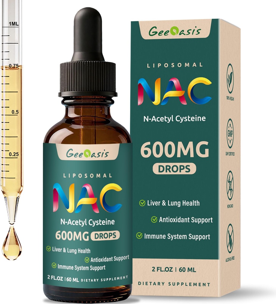 Suplemento Líquido Lipossômico NAC N-Acetil Cysteine Drops, N Acetil Cysteine 600 mg com Quercetina e Zinco para Adultos e Crianças, Suporte de Fígado e Pulmão, Antioxidante, Imune & Saúde da Pele, 2 Fl Oz