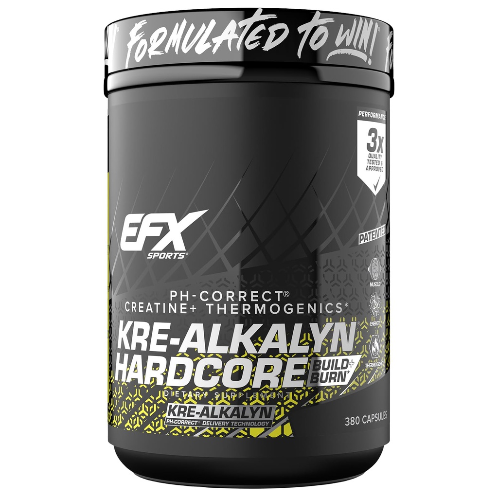 EFX Sports Kre-Alkalyn Hardcore O pH termogênico correto Creatina Suplemento de pílula mono-hidratada Energia e força Pré-treino □ 126 Servings, 380 Cápsulas