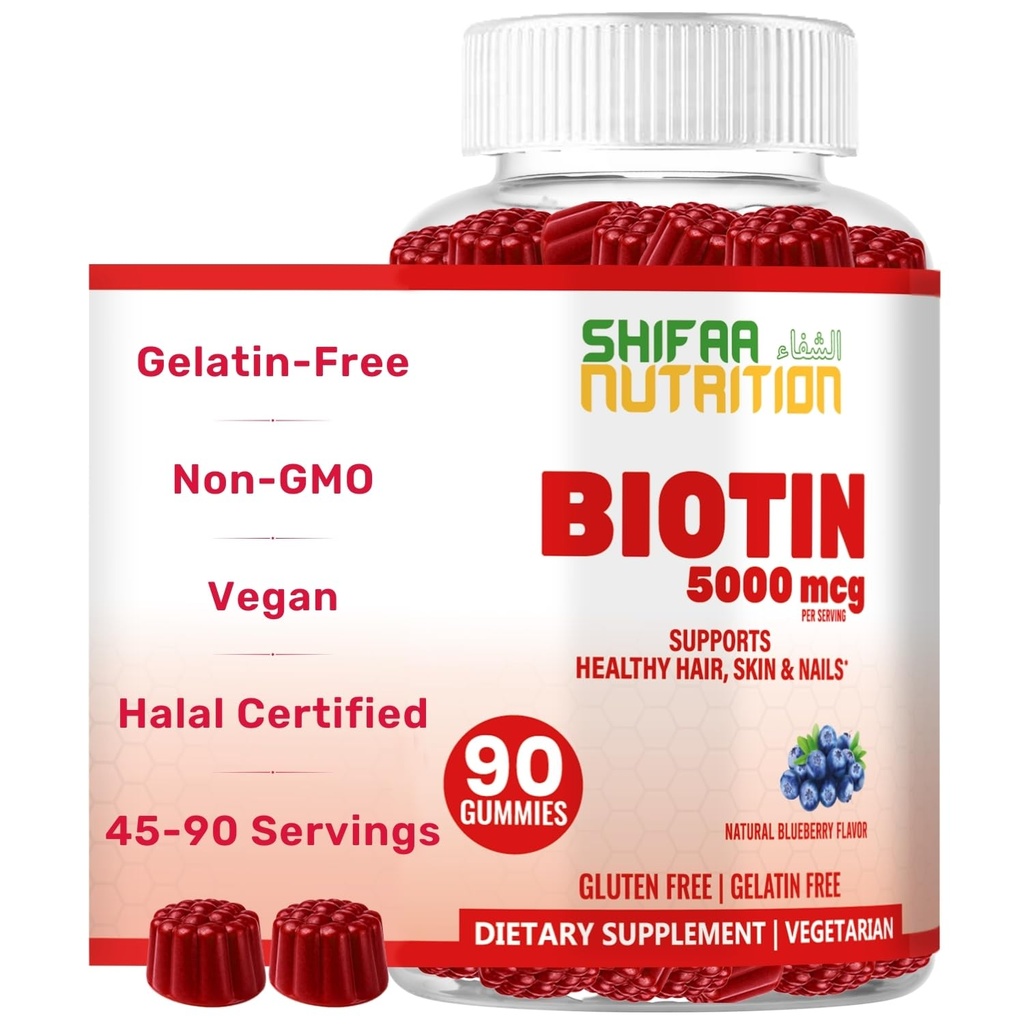 SHIFAA NUTRITION Vegan Biotin Gummies for Adult & Kids (Gluten), Gelatina, Amendoins, Ovo & Dairy Free (Gluten, Gelatina, Amendoins, Egg & Dairy Free)