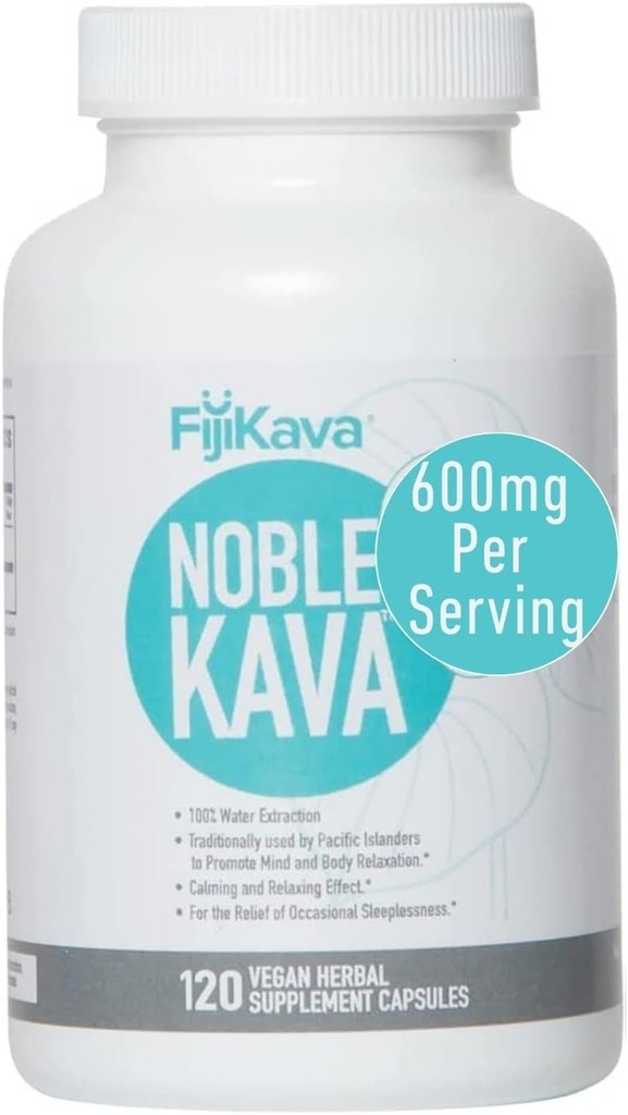 FijiKava Noble Kava Kava Cápsulas, 600mg Kavalactones por serviço, Relaxamento natural e suplemento de apoio ao sono, Vegan & Non-GMO, 120-Count, Premium Piper Methysticum Extract para calma & alívio de estresse