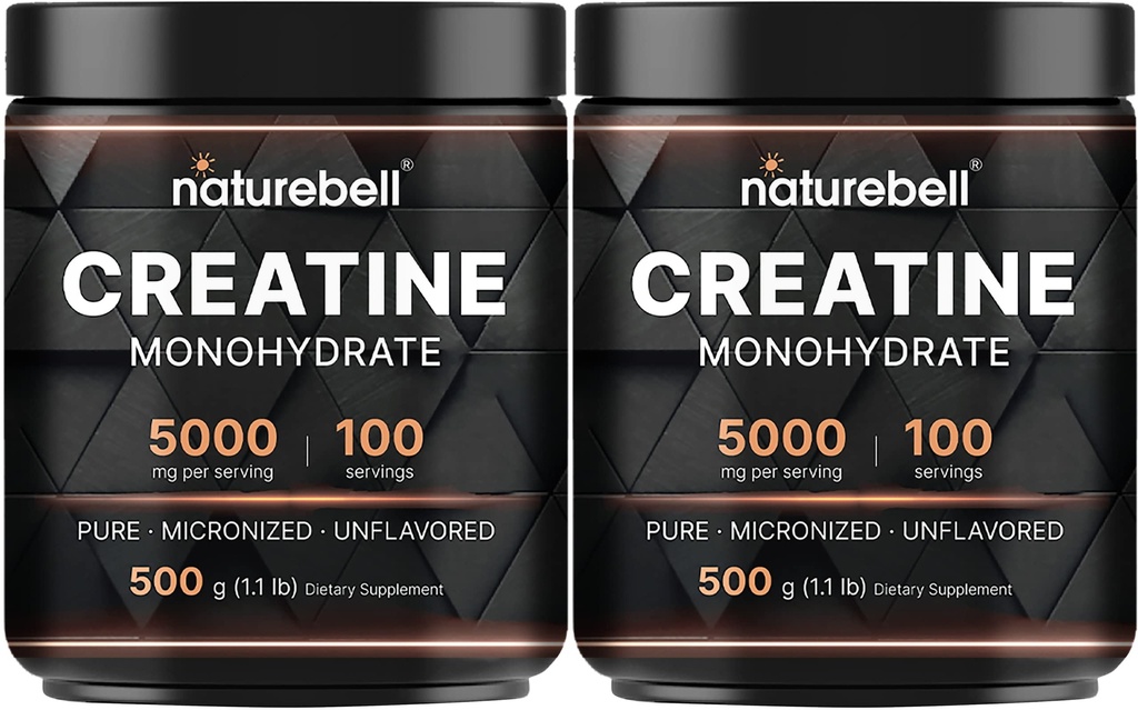 NatureBell 2 Pack Creatine Mono-hidrato em pó 500g, 5.000mg por serviço , Micronizado, Puro e sem sabor , Suporte muscular pré-trabalho , Keto, Vegan, Filler-Free , 200 Servings (2,2 lb)