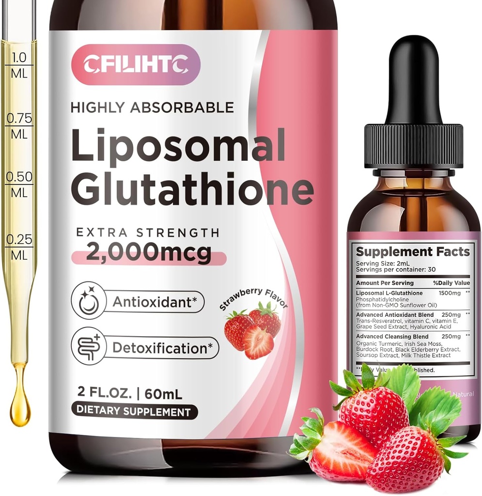 Gotas Líquidas de Glutationa Lipossômica, Suplemento Líquido de Glutationa, Forma ativa L- Glutationa, com Vitamina C, Detox de Fígado, Antioxidante para Antienvelhecimento, Imunes e Limpeza, Morango Flavor, 2 FL.OZ