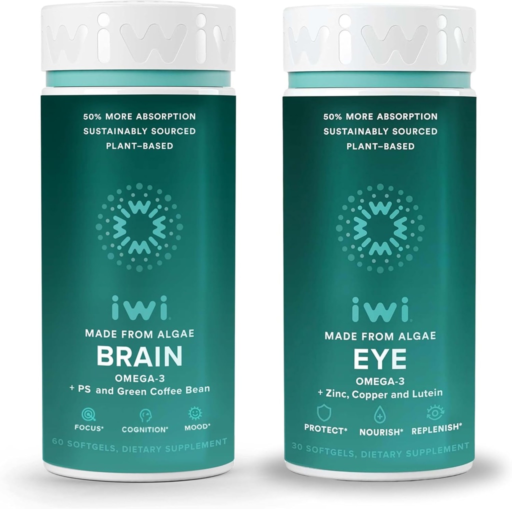 Iwi Life Brain & Eye Omega-3 Bundle, 30 Servings, Vegan Planta-baseada Algas Omega 3 com EPA + DHA, Krill & Fish Oil Alternative, Sem gosto de peixe
