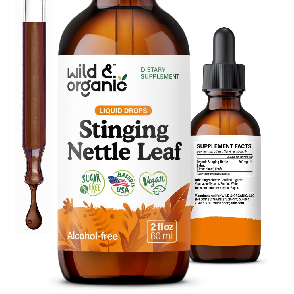 Wild & Organic Sting Nettle Leaf Extract Drops - Suporte de trato urinário - Líquido Stinging Nettle Suplemento - Urtica Dioica Tintura - 2-mês de fornecimento - Vegan, Açúcar & Álcool-livre - 2 fl oz