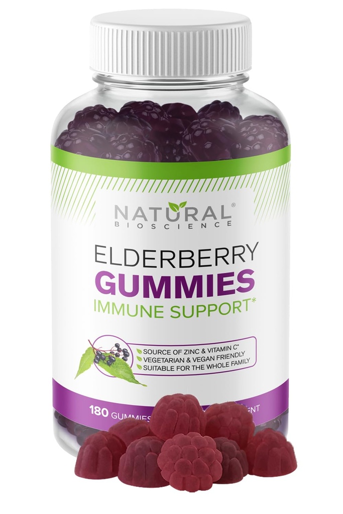 Natural BioScience Sambucus Elderberry Gummies com vitamina C & Zinco, Suporte imunológico para adultos e crianças, Antioxidante diário & Wellness Boost, 180 Vegan, Gluten-Free, Mastigable Elderberry Gummies