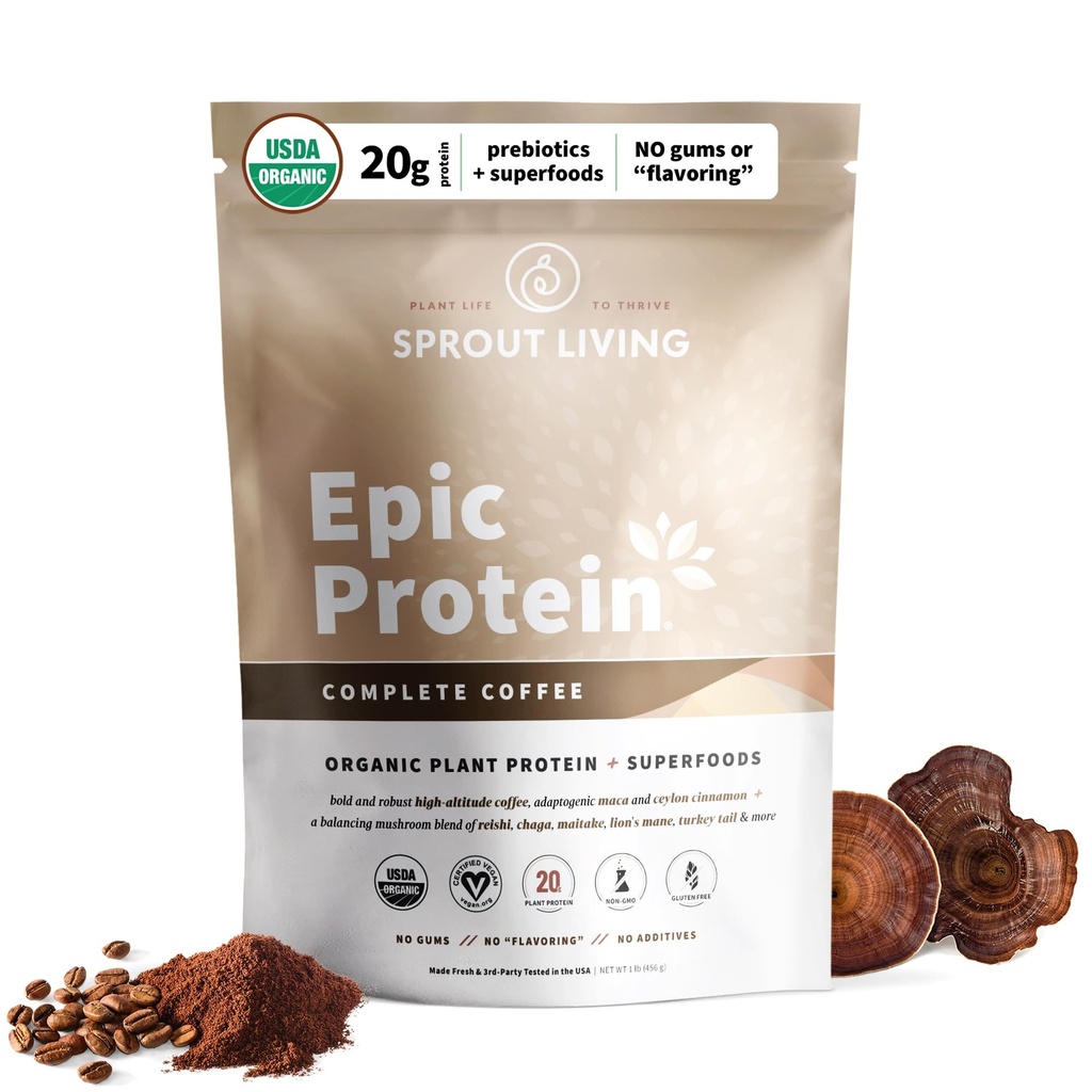 Sprout Viver, Proteína épica, Proteínas baseadas em plantas & Superalimentos em pó, Café completo 20 gramas de pó de proteína orgânica, Adaptogens, Cogumelos, Vegan, Não-GMO, Gluten Free (1 Libra, 12 Servings)