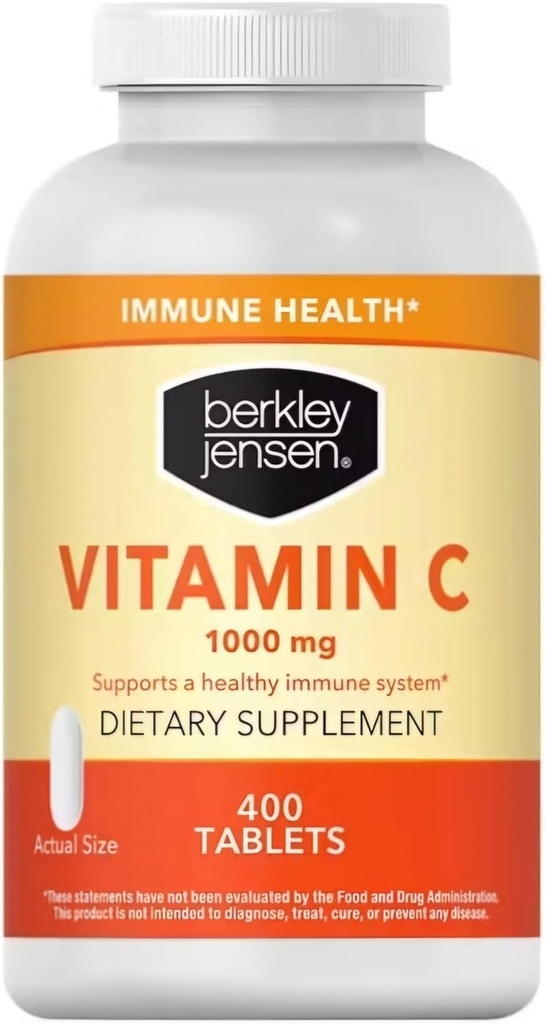 berkley jensen 1000 mg Suplemento de vitamina C (400 comprimidos), suporte diário de defesa imune de força extra para homens e mulheres, açúcar e ácido ascórbico sem glúten, puro
