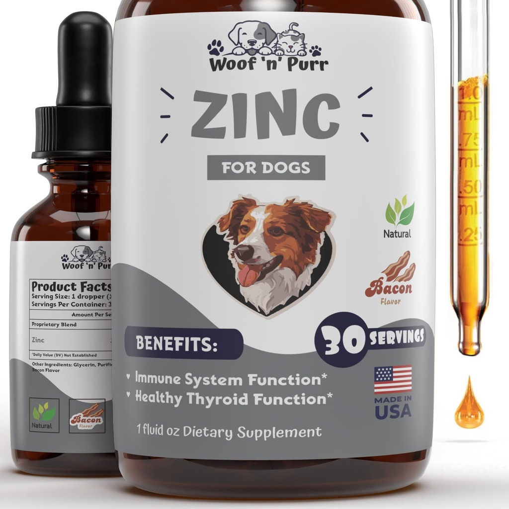 Zinco para cães - Dog Zinc Suplemento - Ajuda a apoiar a pele saudável, casaco, saúde imune e mais - Dog Zinc - Dog Skin and Coat Supplement - Skin and Coat Supplement for Dogs - 1 fl oz - Bacon Flavor