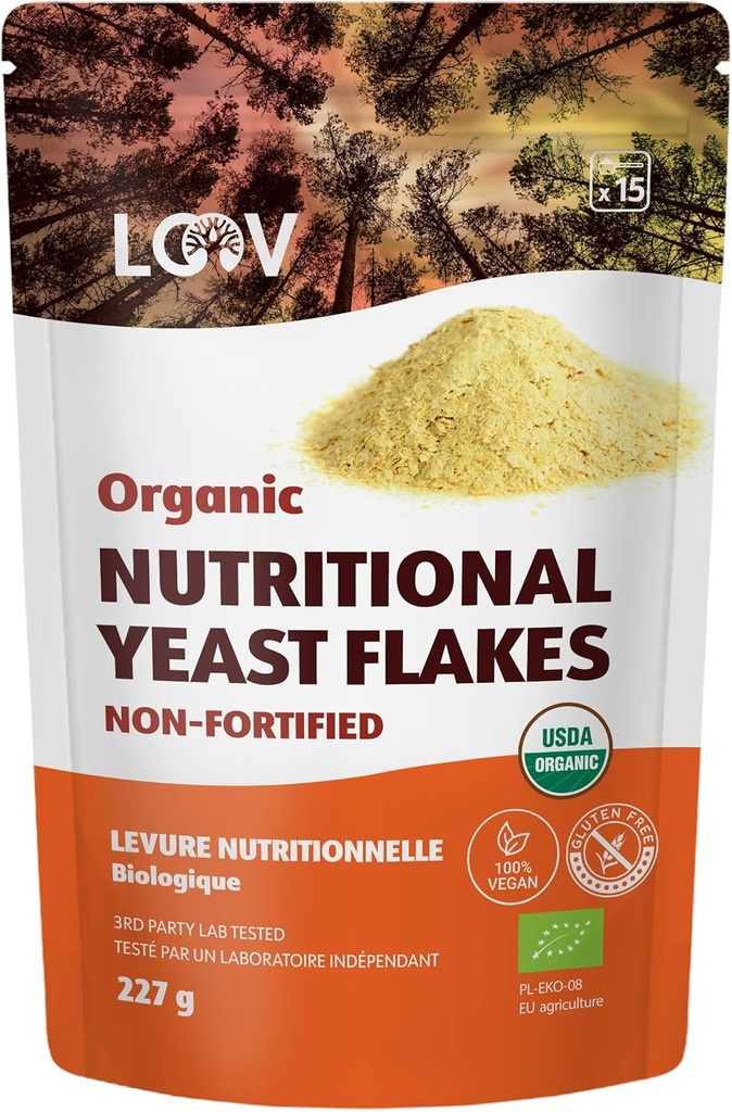 LOOV Organic Non-Fortificated Nutritional Yeast Flakes - Vegan, Gluten Free, Não-GMO Unfortified Nooch - Boa fonte de B-Vitamins naturais - Não adicionado de sal ou açúcar - Resealable Bag, 8 Onças (227 Grams)