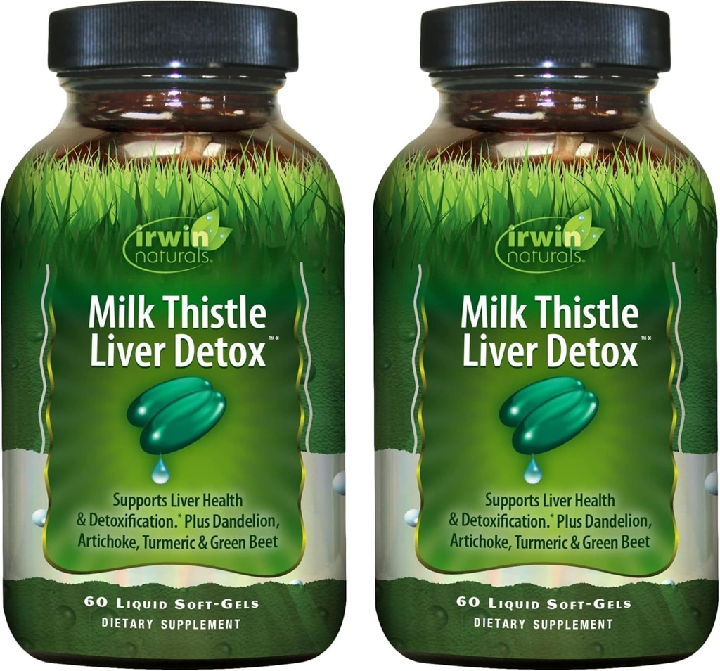 Irwin Naturals Milk Thistle Fígado Detox - 60 Gêmeos Líquidos Macio, Pacote de 2 - Suporta Saúde do Fígado com Dandelion, Alcachofra, Alcaçuz & Verde Raiz de beterraba - 60 Total Servings