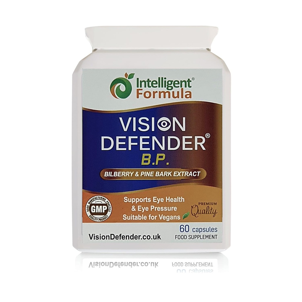 Visão Defender BP Eye Supplement: Bilberry e Pine Bark Extracts para o suporte de pressão ocular e saúde ocular (60 cápsulas Vegan)