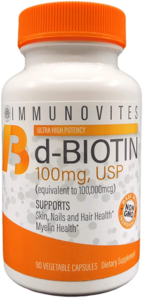 IMMUNOVITES Biotina de dose elevada (como d- Biotina, USP) 100mg (Equivalente a 100.000mcg) 90 Cápsulas, Alta Potência