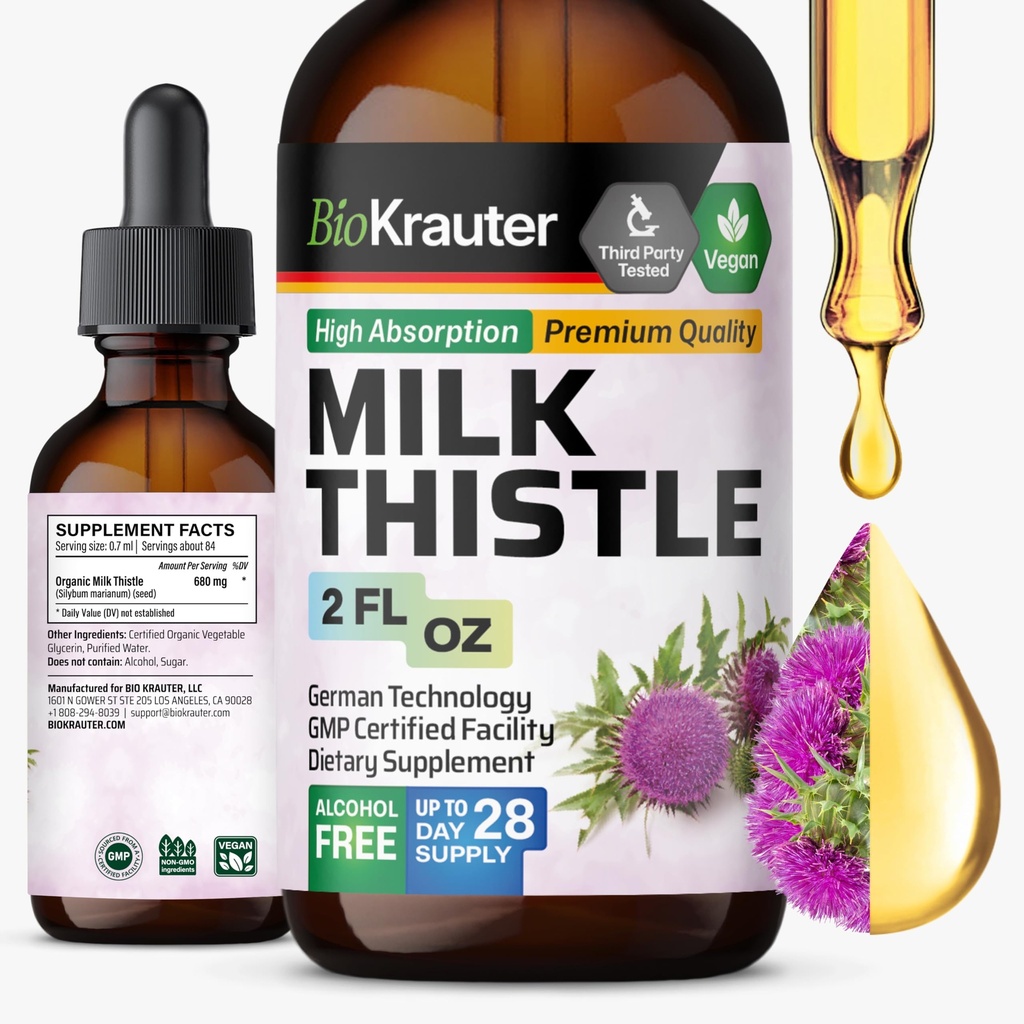 BIO KRAUTER Milk Thistle Liquid Drops - Lect Thistle Silymarin Suplemento de suporte de fígado - Alcohol & Sugar Free Tincture for Liver Cleanse Detox - 2 Fl. Oz.