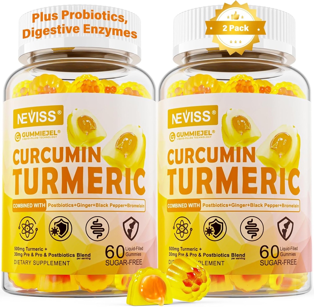 Açúcar livre curcumin curcumina recheado gomas 550mg para adultos, gengibre e pimenta preta □ 95% curcuminóides w / prebiótico Probiótico & mistura pósbiótica, Suporte, Imune & Saúde Digestiva, Vegan, 2Pack