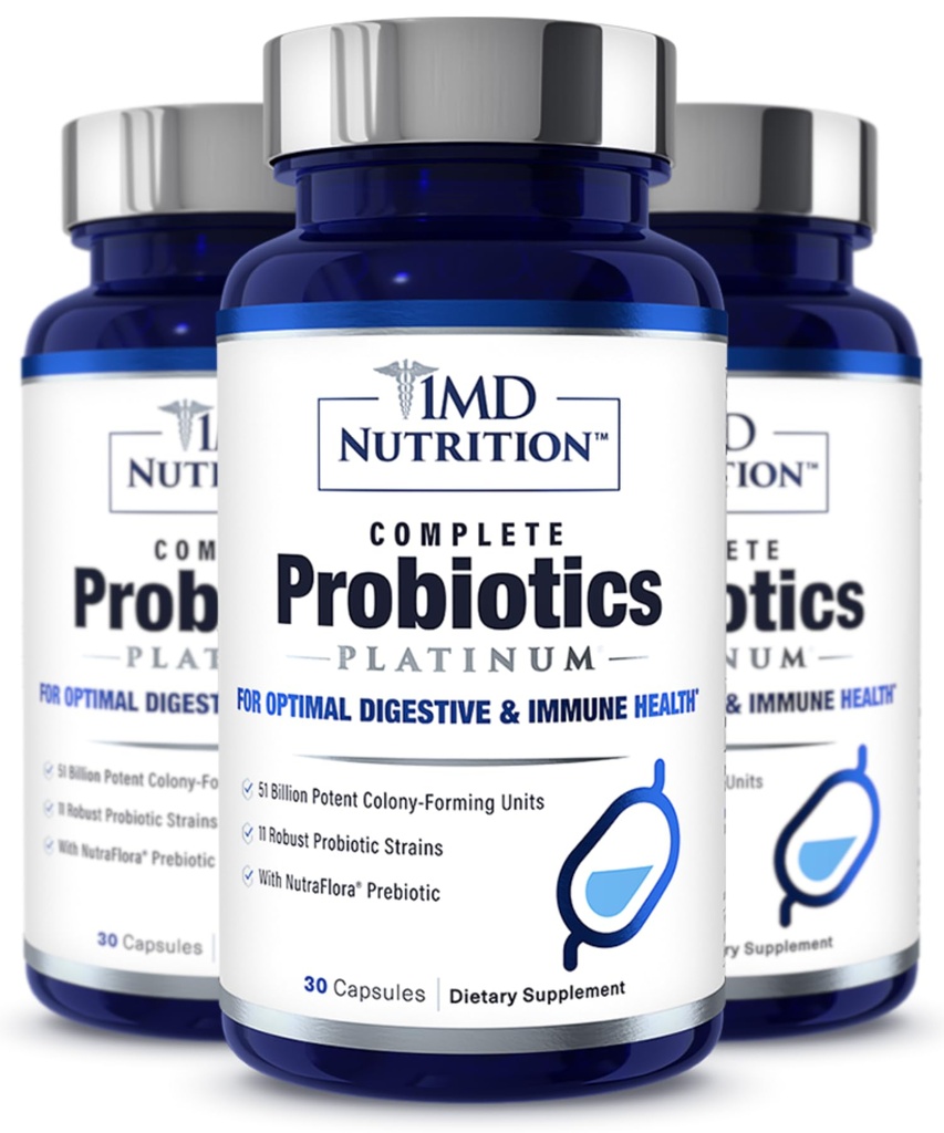 1MD Probióticos Completo Platinum Suporta Saúde Digestiva com Prebióticos de Nutrição, 51 bilhões ao vivo UFC, 11 Strains, Dairy-Free, 30 Cápsulas Vegetais (3-Pack)