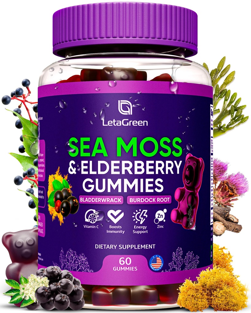 Gomas de musgo do mar irlandês – Besouro Burdock Elderberry Vitamina C & Zinco – 60 Vegan Seamoss Gummy Bears para Adultos Crianças Homens Mulheres – Vitaminas multiminerais Elderberry