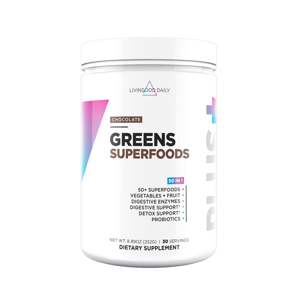 Livingood Verdes diários & Superfood Pó, Super Verdes para Gut Saúde, Verde Juice Pó com espirulina, chlorela, e Enzimas Digestivas, Probióticos para apoio digestivo, Chocolate, 30 Servings