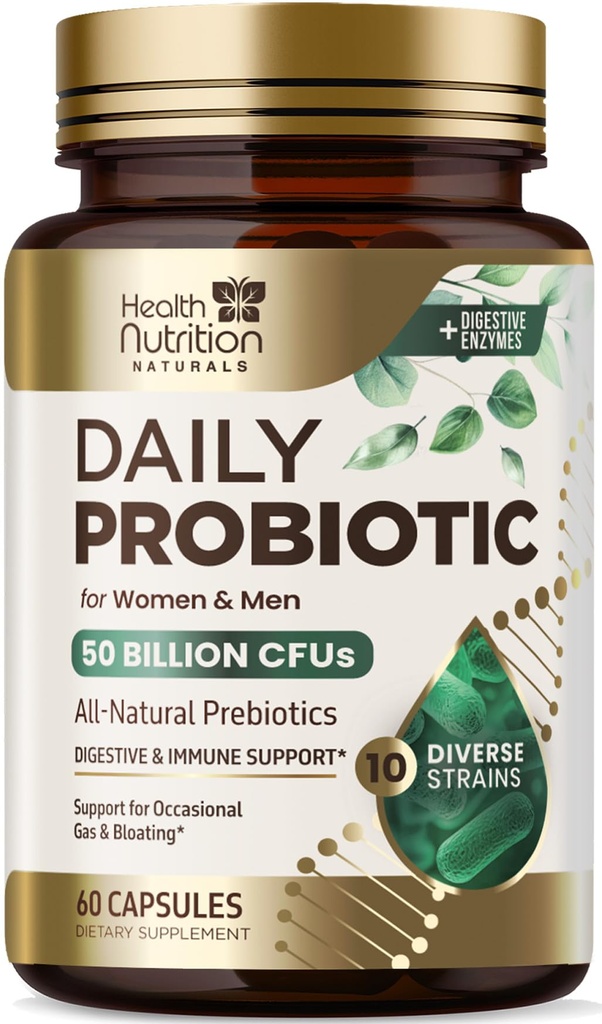 Probióticos 60 bilhões UFC + 10 Strains - Probiótico diário Lactobacillus Blend para Imune, Digestive & Gut Health Support, Prebióticos e Probióticos, Gás e Bloating para Mulheres e Homens - 60 Cápsulas