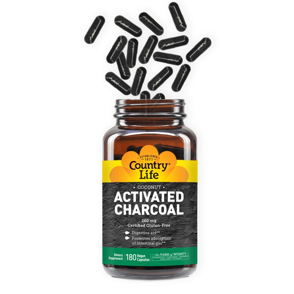 País Vida Ativado Organic Coconut Charcoal Cápsulas, 260mg – Natural Charcoal Suplemento para gás e bloating alívio, Gluten-Free, 180 Cápsulas Vegan