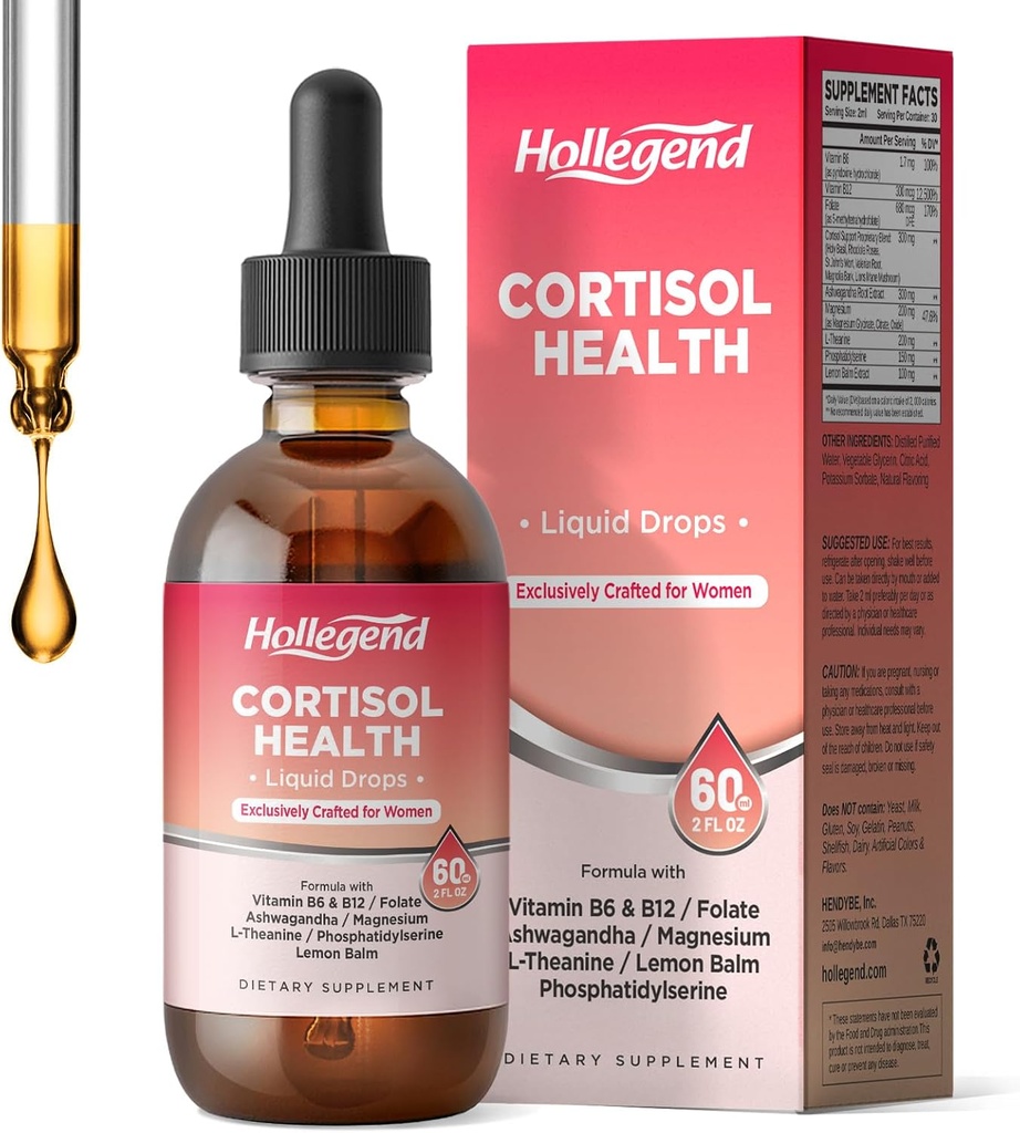 Suplementos de cortisol para mulheres, gotas líquidas de bem-estar de cortisol, 16 em 1 Redutor de detox de cortisol w. Ashwagandha, Magnésio, L-Teanina, Folato para Relaxamento e equilíbrio hormonal, Morangueiro