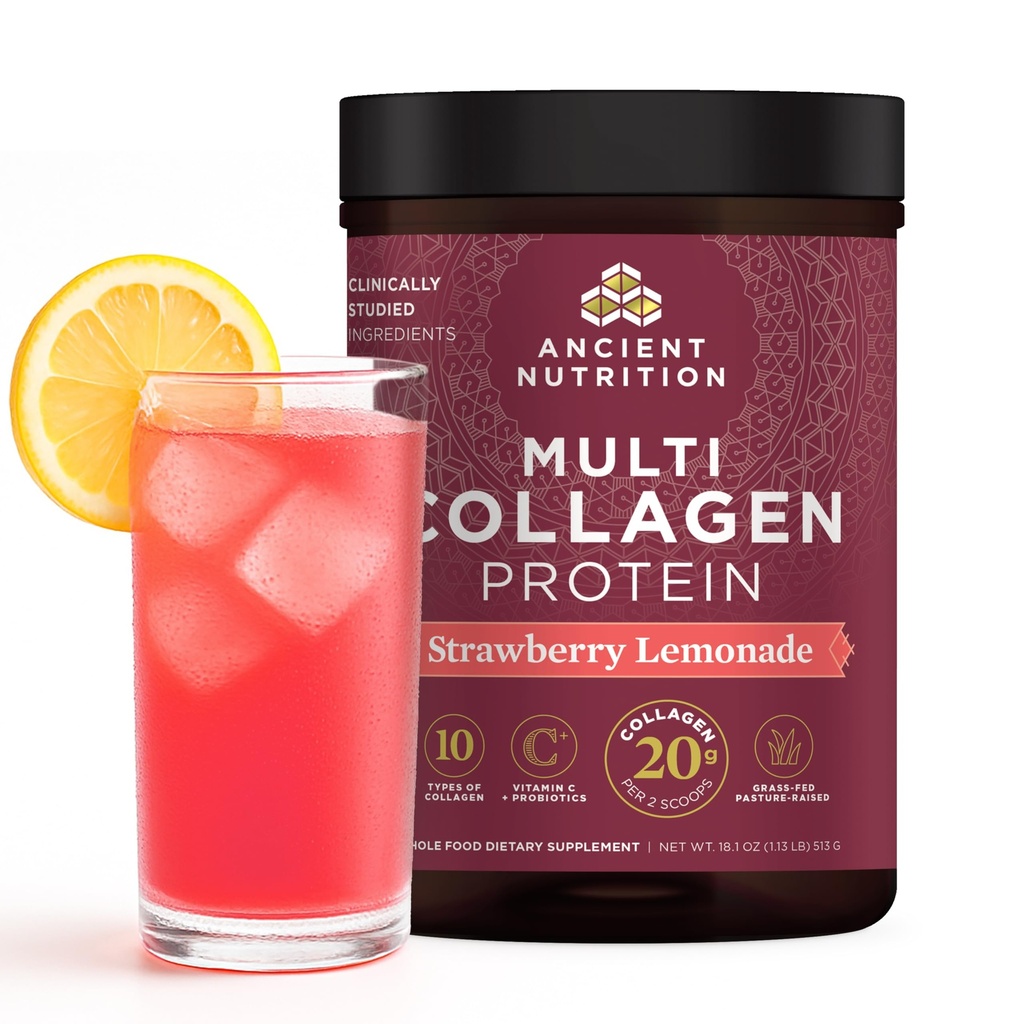 Nutrição antiga Hidrolisado Colágeno Peptídeos Pó com Probióticos, Strawberry Limonada Multi proteína Colágeno para Mulheres e Homens com Vitamina C, 45 Servos, Suporta pele e unhas, Gut Saúde, 18