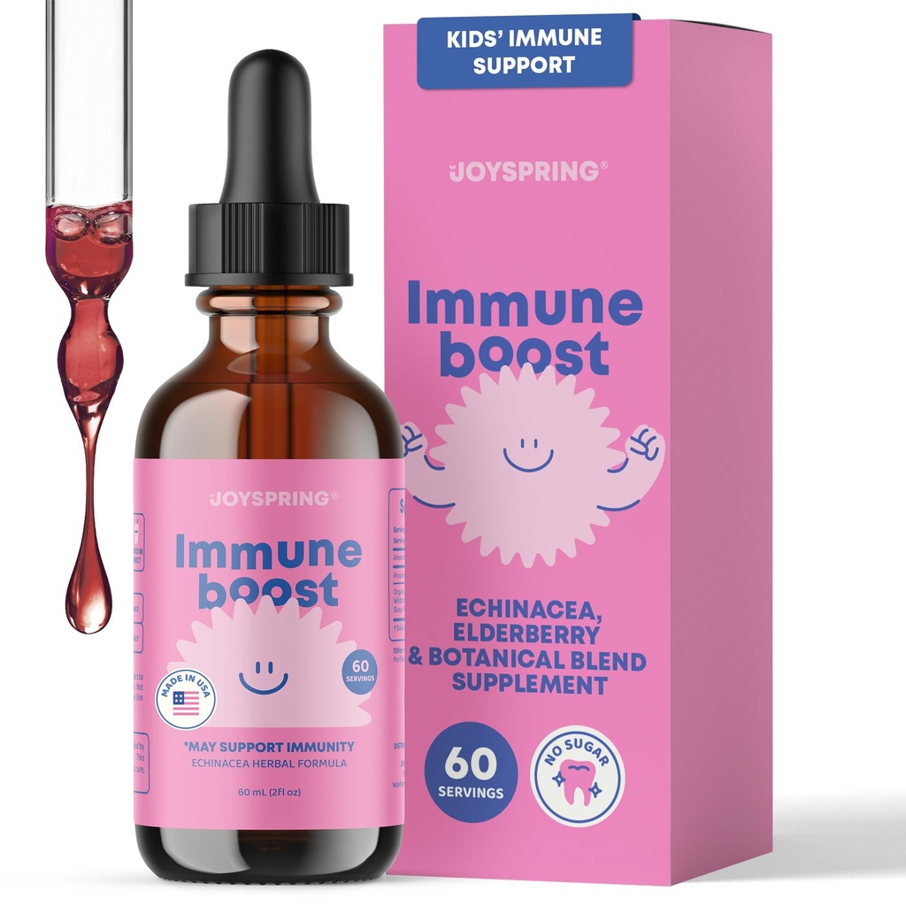 JoySpring Imune Drops - Kids Imune Support Liquid Supplement (2 fl oz) - Echinacea, Elderberry, Oregon Grape Root, Orange Peel, Vitaminas A, B6, C - Sistema Natural de Apoio para Crianças e Adultos