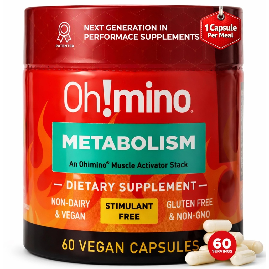 Oh!mino Metabolismo Suplemento de suporte para gordura eficiente para a conversão de energia w/L-Carnitina, fenilcapsaicina, & vitamina B3 - Não-Jitters, Estimulante-livre, Vegan, Cápsulas não lácteos (60 Servings)