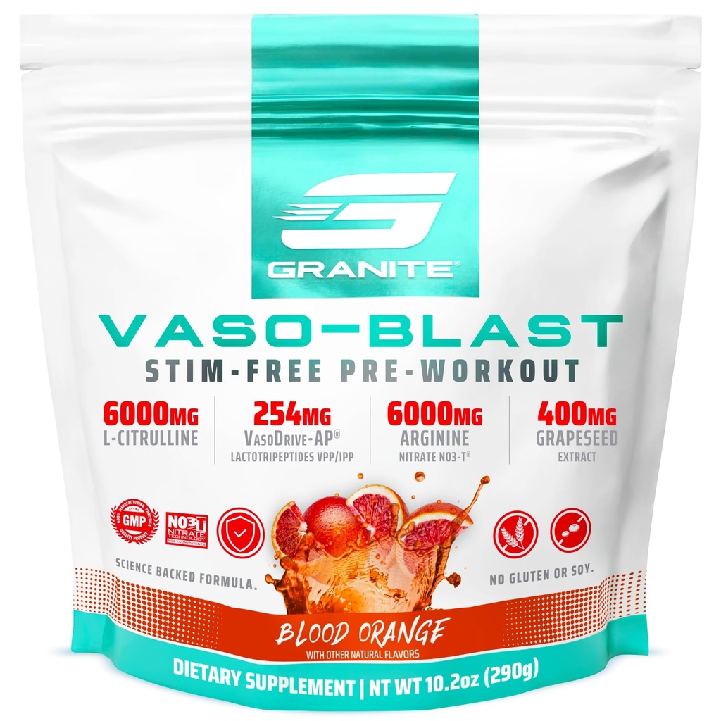 Granite Nutrition Vaso Blast Stim-Free Pré-treino - Não-Stim Nitric Oxide Support for Pump, Physique, and Muscle Capacity - Blood Orange (290g)