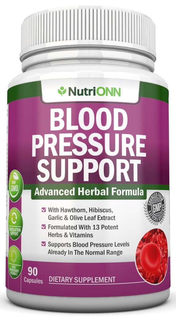 Suplemento de suporte de pressão arterial - 13 ervas & vitaminas - com Hawthorn, Hibiscus, Alho & Extrato de Folha de Oliva - Suplemento Natural para Mulheres e Homens - Cápsulas de alta resistência - Não-GMO - fornecimento de 90 dias