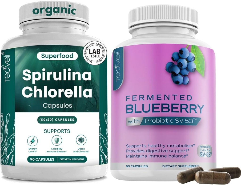Cháveli espirulina chlorela e cápsulas de mirtilo
