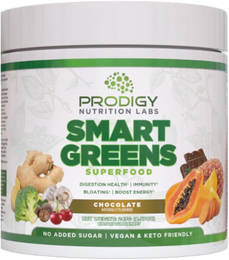 Verdes inteligentes Prodigy - Super Verdes em pó Smoothie & Drink Mix - Probióticos para saúde digestiva & Bloating alívio, proteínas, vegetais, e frutas com chlorela para a saúde gut