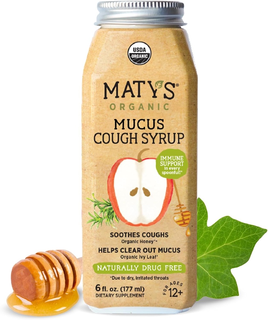 Xarope de tosse de muco adulto Matys para adultos e crianças 12 anos e acima, aliviar Ivy alívio com ingredientes orgânicos & zinco, 6 Fl Oz