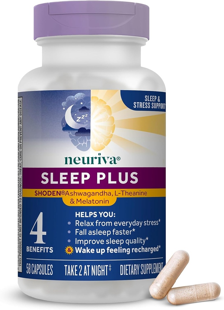 NEURIVA Sleep Plus com 4-em-1 Benefícios - Testado clinicamente Ashwagandha, L-Theanina & Melatonina - Reduzir o estresse, queda dormir mais rápido, melhorar a qualidade do sono, acordar refrescado*, 58ct Cápsulas